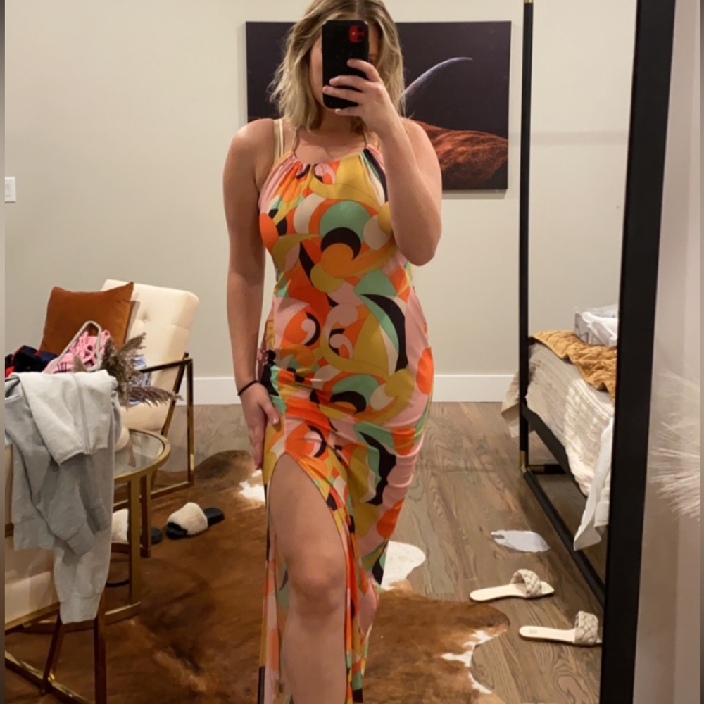 Halter abstract mesh maxi